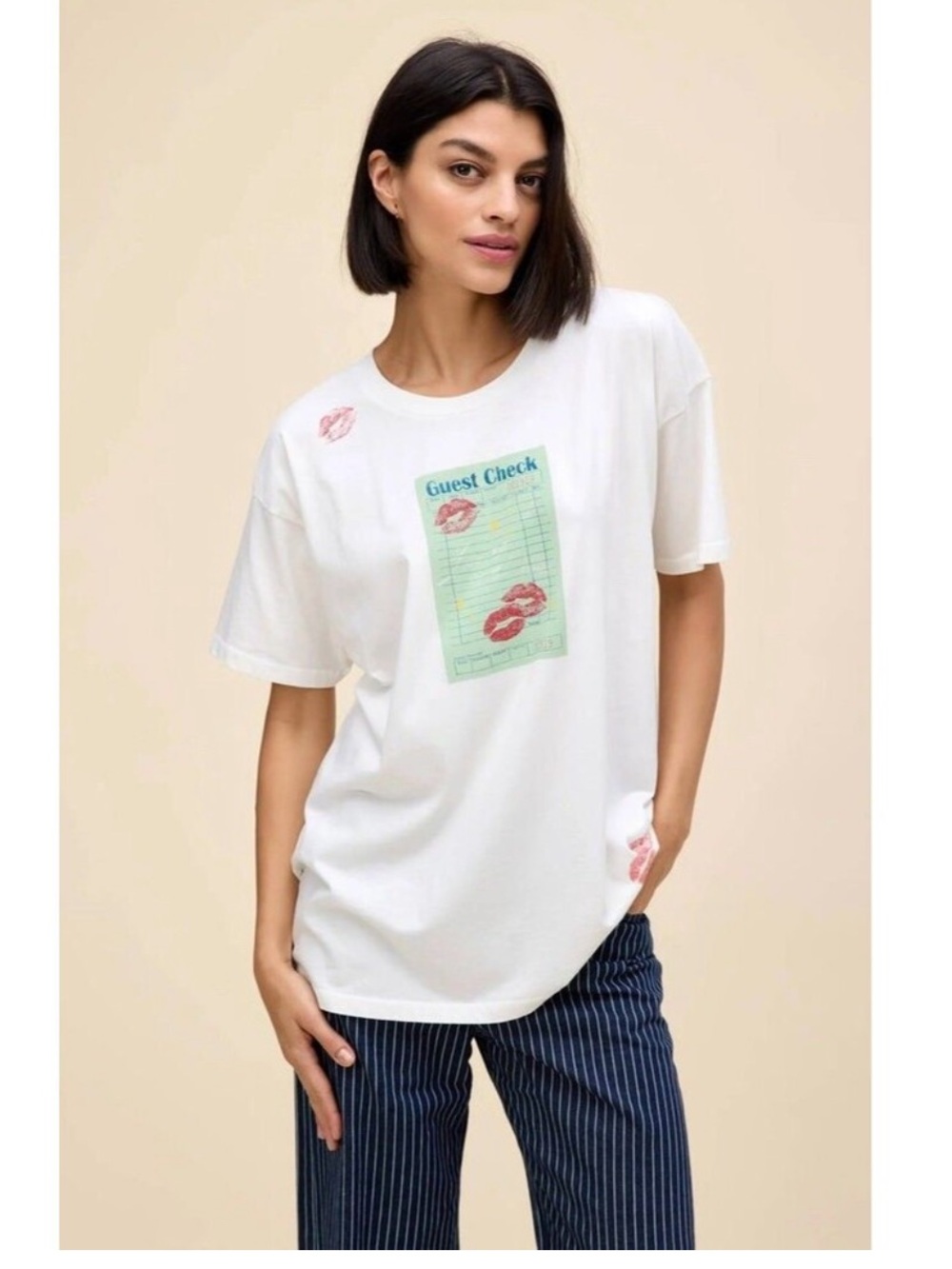 Daydreamer Guest Check Tee Short Sleeve White Shirt Oversized Sz XS NWT